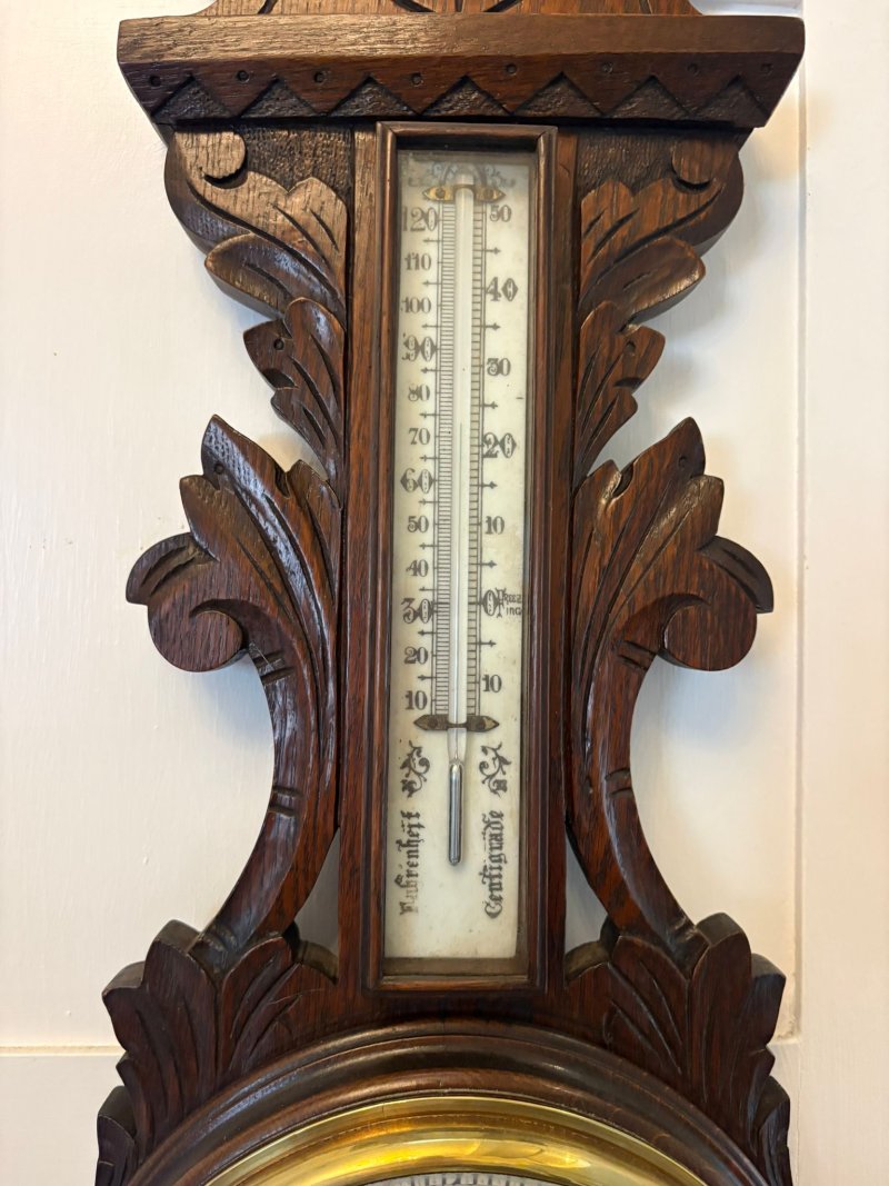 Antique Carved Oak Aneroid Barometer with Thermometer - Image 7